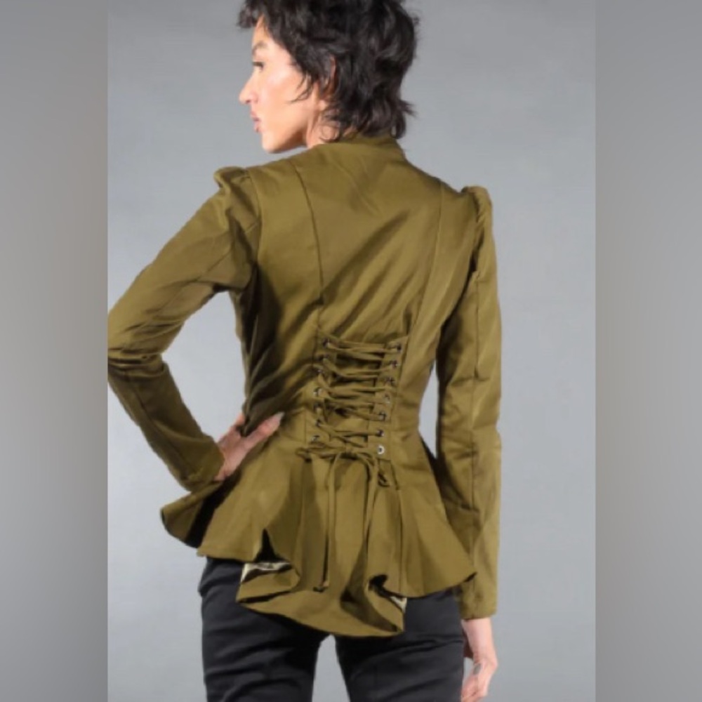 Pinup Couture Black Green Lace-Up Peplum Blazer